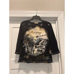 Blue Canyon Top Women Black Happy Holidays Embellish 3/4 Sleeve Large Petite Y2K